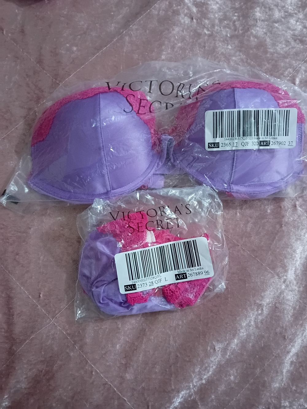 Victoria's Secret Lavender Bra and Panty Set with Hot Pink Lace